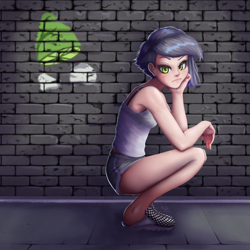 Size: 1000x1000 | Tagged: safe, artist:the-park, limestone pie, human, bra strap, clothes, female, graffiti, humanized, kneeling, painting, sexy, shoes, shorts, sleeveless, solo, tanktop, tomboy