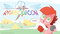 Size: 1600x901 | Tagged: safe, artist:icychamber, oc, earth pony, pony, pony town, solo, speech bubble, tent, text