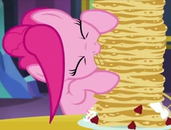 Size: 1419x1080 | Tagged: safe, screencap, pinkie pie, earth pony, pony, castle sweet castle, cropped, cute, diapinkes, eating, food, pancakes