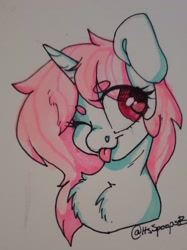 Size: 1954x2609 | Tagged: safe, artist:spoopygander, oc, oc:scoops, pony, unicorn, chest fluff, female, horn, mare, one eye closed, solo, tongue out, traditional art, wink