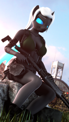 Size: 1080x1920 | Tagged: safe, artist:jacob_lhh3, oc, oc:dragonfly, anthro, changeling, plantigrade anthro, 3d, bra, breasts, changeling oc, clothes, female, glowing eyes, guard tower, gun, handgun, hangar, holster, looking at you, military, outdoors, pistol, ponytail, reasonably shaped breasts, reasonably sized breasts, shotgun, sitting, smiling, smirk, solo, source filmmaker, spas-12, tattoo, trigger discipline, underwear, wings