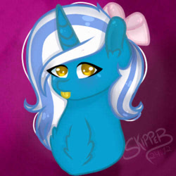 Size: 500x500 | Tagged: safe, artist:skipperdanver, oc, oc:fleurbelle, alicorn, adorable face, alicorn oc, bow, chest fluff, cute, ear fluff, female, golden eyes, hair bow, looking at you, mare, tongue out