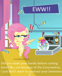 Size: 368x449 | Tagged: safe, edit, fluttershy, pegasus, pony, my little pony: pony life, caption, china, coronavirus, covid-19, flutterbitch, smug, smugshy, solo, speaking to viewer