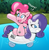 Size: 1052x1080 | Tagged: safe, artist:redflare500, derpibooru import, pinkie pie, rarity, earth pony, inflatable pony, pony, unicorn, air nozzle, balloon pony, floaty, forced smile, inanimate tf, inflatable, inner tube, muffled words, pool toy, smiling, squeak, transformation