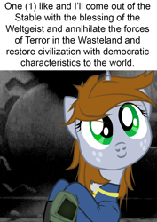 Size: 1000x1412 | Tagged: safe, artist:aaronmk, oc, oc only, oc:littlepip, pony, unicorn, fallout equestria, clothes, fallout, fanfic, fanfic art, female, freckles, hegel, horn, mare, pipbuck, smiling, solo, text, vault, vault suit, vector