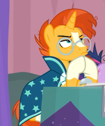 Size: 325x390 | Tagged: safe, screencap, sunburst, twilight sparkle, twilight sparkle (alicorn), alicorn, pony, unicorn, a trivial pursuit, clothes, cropped, gendo pose, glasses, hooves, offscreen character, robe, socks (coat marking), sunburst is not amused, sunburst's glasses, sunburst's robe