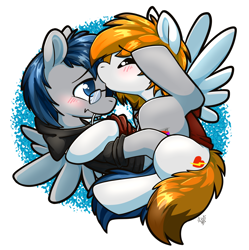 Size: 2466x2477 | Tagged: artist needed, safe, oc, oc:nexxus, oc:spoftray, pegasus, abstract background, blushing, cutie mark, kiss on the head, looking at each other, smiling