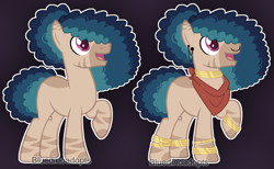 Size: 1906x1172 | Tagged: safe, artist:bluedinoadopts, oc, oc only, oc:sapphire sands, earth pony, pony, anklet, bandana, bracelet, coat markings, ear piercing, earring, jewelry, male, neck rings, neckerchief, nose piercing, nose ring, piercing, purple background, raised hoof, simple background, solo, stallion