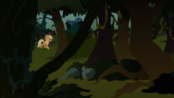 Size: 2100x1181 | Tagged: safe, derpibooru import, screencap, applejack, earth pony, pony, feeling pinkie keen, everfree forest, female, forest, mare, solo, tree