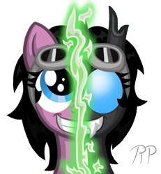 Size: 523x567 | Tagged: safe, artist:ravenpuff, oc, oc only, oc:puffy, changeling, bust, changeling oc, fangs, female, goggles, mare, shapeshifting, signature, simple background, smiling, transformation, transparent background, two sided posters