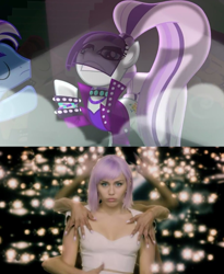 Size: 930x1133 | Tagged: safe, screencap, coloratura, limelight, human, pony, the mane attraction, ashley o, black mirror, irl, irl human, photo