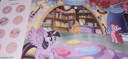 Size: 3140x1468 | Tagged: safe, derpibooru import, pinkie pie, twilight sparkle, twilight sparkle (alicorn), alicorn, earth pony, pony, season 8, spoiler:s08, 2018, accordion, balloon, banner, book, candy, classroom, decoration, denmark, disco ball, drawer, food, guitar, hind legs, music, musical instrument, party, photo, prancing, school of friendship, sticker, streamers