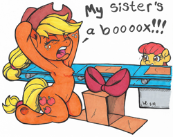 Size: 1850x1464 | Tagged: safe, artist:latecustomer, derpibooru import, apple bloom, applejack, earth pony, pony, armpits, bow, cardboard box, chest fluff, conveyor belt, female, filly, kneeling, mare, prank, siblings, silly, silly pony, simpsons did it, sisters, smiling, the simpsons, traditional art, who's a silly pony, yelling