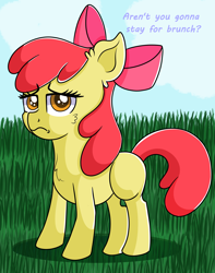 Size: 2368x3000 | Tagged: safe, artist:rainbowtashie, apple bloom, pony, friendship is magic, adorabloom, cheek fluff, chest fluff, cute, ear fluff, female, filly, scene interpretation, simple background, solo, text