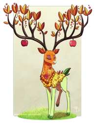 Size: 1291x1660 | Tagged: safe, artist:inuhoshi-to-darkpen, the great seedling, deer, going to seed, antlers, apple, branches for antlers, cloven hooves, colored hooves, eyes closed, flower, food, large antlers, male, solo