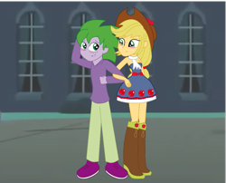 Size: 969x783 | Tagged: safe, artist:conikiblasu-fan, edit, applejack, spike, equestria girls, applespike, arm in arm, blushing, cropped, female, hand on head, male, shipping, smiley face, straight