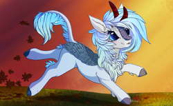 Size: 1900x1173 | Tagged: safe, artist:rosebudthevampiremar, oc, oc only, oc:frost flare, kirin, pony, autumn, cloven hooves, commission, hoof fluff, kirin oc, leaping, leaves, photo, solo