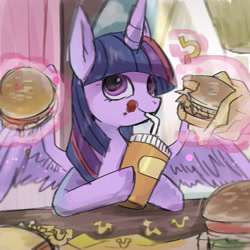 Size: 1000x1000 | Tagged: safe, artist:hosikawa, twilight sparkle, twilight sparkle (alicorn), alicorn, pony, adorkable, burger, cute, dork, drink, drinking, eating, fast food, female, food, french fries, hay burger, hay fries, hoof hold, horseshoe fries, japanese, magic, mare, messy eating, sitting, solo, spread wings, straw, telekinesis, this will end in weight gain, twiabetes, twilight burgkle, wings