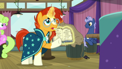 Size: 1920x1080 | Tagged: safe, screencap, cranky doodle donkey, daisy, flower wishes, midnight snack (character), sunburst, a trivial pursuit, book, friendship student