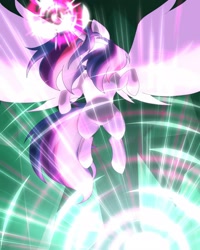 Size: 1280x1600 | Tagged: safe, artist:icycrystalchan, twilight sparkle, twilight sparkle (alicorn), alicorn, pony, female, glowing eyes, glowing horn, horn, large wings, magic, mare, solo, wings