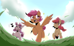 Size: 2042x1276 | Tagged: dead source, safe, artist:luka-koward, apple bloom, scootaloo, sweetie belle, earth pony, pegasus, pony, unicorn, cute, cutie mark crusaders, eye clipping through hair, eyes closed, female, filly, music notes, open mouth, running, spread wings, trio, wings