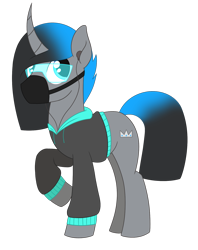 Size: 1347x1699 | Tagged: safe, artist:dyonys, oc, oc:aoi hiko, unicorn, clothes, curved horn, earbuds, glasses, hoodie, horn, male, mask, raised hoof, show accurate, simple background, stallion, transparent background