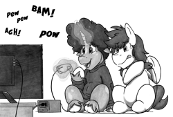 Size: 6383x4307 | Tagged: safe, artist:denzel, oc, oc only, oc:denzel, oc:idle thoughts, earth pony, pony, unicorn, afro, controller, gamecube, gamecube controller, magic, monochrome, simple background, sweatshirt, television, unshorn fetlocks