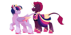 Size: 1280x640 | Tagged: safe, artist:itstechtock, tempest shadow, twilight sparkle, twilight sparkle (alicorn), alicorn, pony, armor, female, lesbian, one eye closed, shipping, simple background, tempestlight, transparent background, two toned wings, wings, wink