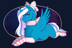 Size: 2584x1734 | Tagged: safe, artist:royvdhel-art, oc, oc only, oc:fleurbelle, alicorn, pony, alicorn oc, bedroom eyes, bow, clothes, female, golden eyes, hair bow, mare, prone, smiling, smiling at you, socks, striped socks