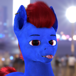 Size: 1920x1920 | Tagged: safe, artist:foxidro, oc, oc:foxidro, earth pony, pony, 3d, blender, blue fur, ear piercing, male, piercing, ponysona, red eyes, red mane, render, solo, tongue out