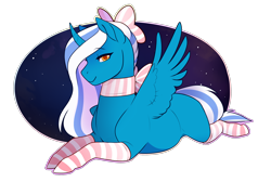 Size: 2584x1734 | Tagged: safe, alternate version, artist:royvdhel-art, oc, oc only, oc:fleurbelle, alicorn, pony, alicorn oc, bedroom eyes, bow, clothes, female, golden eyes, hair bow, mare, prone, scarf, simple background, sitting, smiling, socks, striped socks, transparent background