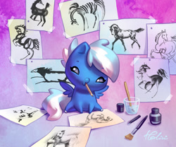 Size: 1378x1146 | Tagged: safe, artist:holivi, oc, horse, pegasus, pony, chibi, commission, drawing, mouth hold, paintbrush, pencil, solo