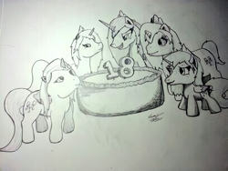 Size: 816x612 | Tagged: safe, artist:lucas_gaxiola, oc, alicorn, alicorn oc, birthday cake, cake, female, food, grin, mare, monochrome, signature, smiling, traditional art