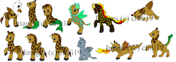 Size: 4389x1558 | Tagged: safe, alternate version, artist:chili19, oc, oc only, dragon, earth pony, giraffe, griffon, hybrid, original species, pegasus, pony, sea pony, unicorn, colored, earth pony oc, fire, girafficorn, horn, obtrusive watermark, pegasus oc, unicorn oc, watermark, when watermarks attack, wings