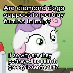 Size: 500x500 | Tagged: safe, edit, edited screencap, screencap, sweetie belle, diamond dog, pony, unicorn, ponyville confidential, confused, cropped, exploitable meme, eyes open, female, filly, floppy ears, hoof on chin, horn, image macro, meme, obligatory pony, op is a cuck, op is trying to start shit, solo, sudden clarity sweetie belle, table, text, two toned mane, white coat, wide eyes