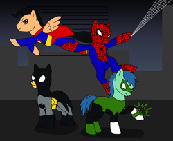 Size: 1703x1391 | Tagged: safe, artist:chili19, earth pony, pegasus, pony, batman, cape, clothes, costume, crossover, flying, green lantern, male, mask, ponified, spider-man, stallion, superman, swinging