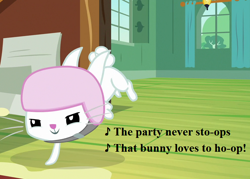 Size: 616x440 | Tagged: safe, edit, edited screencap, screencap, angel bunny, fluttershy leans in, bun bun bunny bun, cropped, fluttershy's cottage, helmet, lyrics, parry gripp, song reference, text