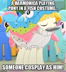 Size: 500x547 | Tagged: safe, edit, edited screencap, screencap, kersplash, earth pony, pony, rainbow roadtrip, animal costume, background pony, bronybait, caption, clothes, cosplay, costume, cropped, eyes closed, female, fish costume, harmonica, image macro, impact font, male, mare, maybe salmon, meme, musical instrument, playing instrument, puns in the comments, rainbow trout (character), solo focus, stallion, text, unnamed pony