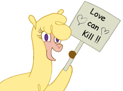 Size: 517x381 | Tagged: artist needed, source needed, safe, paprika paca, alpaca, them's fightin' herds, happy, looking at you, love can kill, paprika paca's sign, sign, simple background, solo, white background