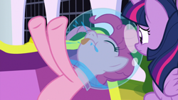 Size: 1920x1080 | Tagged: safe, derpibooru import, screencap, pinkie pie, twilight sparkle, twilight sparkle (alicorn), alicorn, earth pony, pony, sparkle's seven, astronaut pinkie, duo, eyes closed, helmet, space helmet, spit, tongue out