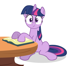 Size: 3500x3200 | Tagged: safe, artist:mrlolcats17, twilight sparkle, unicorn twilight, pony, unicorn, a friend in deed, book, female, hooves, horn, looking at you, mare, simple background, sitting, solo, table, transparent background, vector