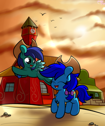 Size: 1536x1844 | Tagged: safe, artist:kimjoman, oc, oc only, oc:aqua jo, oc:magnifying glass, bird, earth pony, pegasus, pony, :d, appleloosa, bow, bracelet, colt, commission, cowboy hat, female, filly, flying, hat, jewelry, laughing, male, sand, shipping, sunset