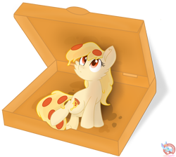 Size: 1848x1655 | Tagged: safe, artist:rainbow eevee, oc, oc only, oc:mozzarella orgy, food pony, original species, pizza pony, pony, cute, cutie mark, female, food, grease, hnnng, looking up, open box, peetzer pony, pizza, pizza box, red eyes, simple background, solo, transparent background