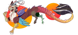 Size: 1920x868 | Tagged: safe, artist:akiiichaos, discord, draconequus, redesign, signature, simple background, smiling, smirk, solo, transparent background