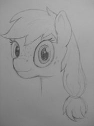 Size: 3072x4096 | Tagged: safe, artist:skelmach, derpibooru import, applejack, earth pony, pony, bust, looking at you, missing accessory, monochrome, pencil drawing, portrait, smiling, solo, traditional art