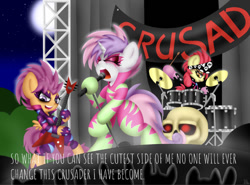 Size: 668x494 | Tagged: safe, artist:paulpeopless, edit, editor:undeadponysoldier, apple bloom, scootaloo, sweetie belle, pegasus, pony, unicorn, animal i have become, clothes, concert, crowd, cutie mark crusaders, drums, electric guitar, fog, guitar, lyrics, makeup, mascara, microphone, moon, parody, red eyes, show stopper outfits, singing, skull, song reference, stage, text, three days grace