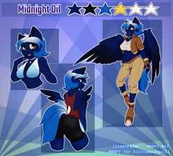 Size: 1334x1200 | Tagged: safe, artist:hakkids2, oc, oc only, oc:midnight oil, anthro, pegasus, unguligrade anthro, belly button, clothes, female, fingerless gloves, freckles, gloves, jacket, midriff, smiling, spread wings, steampunk, wings