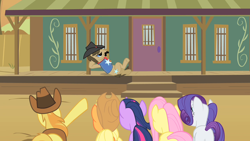 Size: 1280x720 | Tagged: safe, screencap, applejack, braeburn, fluttershy, rarity, sheriff silverstar, twilight sparkle, earth pony, pegasus, pony, unicorn, over a barrel