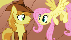 Size: 1280x720 | Tagged: safe, derpibooru import, screencap, braeburn, fluttershy, pegasus, pony, over a barrel