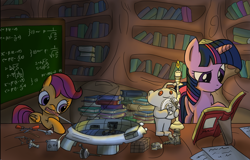 Size: 2730x1750 | Tagged: safe, artist:necrath, scootaloo, twilight sparkle, unicorn twilight, pegasus, pony, unicorn, book, candle, chalkboard, cube, golden oaks library, reddit, screwdriver, snoo, tools, ufo